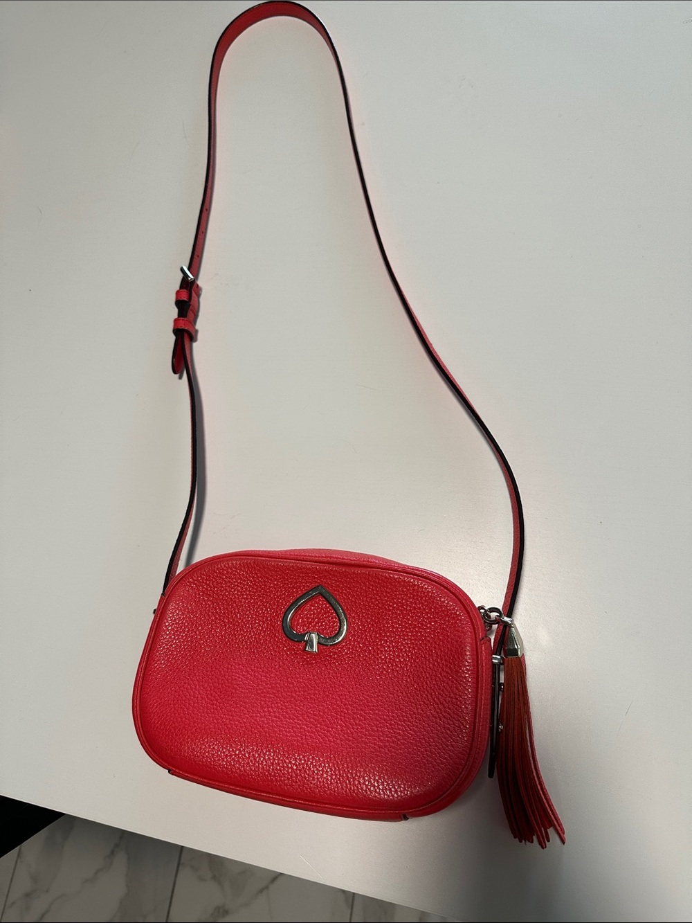 Kate Spade Red Pebbled Leather Crossbody Bag with Tassel